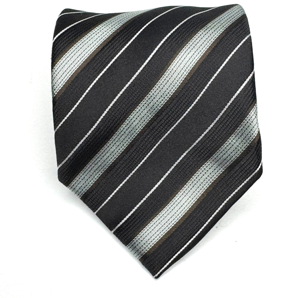 Giorgio Armani Tie Mens Black Silver Brown Stripe 100% Silk Luxury Italy
